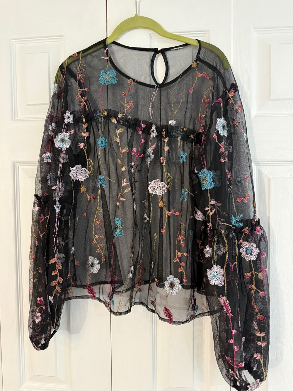 Sheer Black Embroidered Floral Long-Sleeve Top